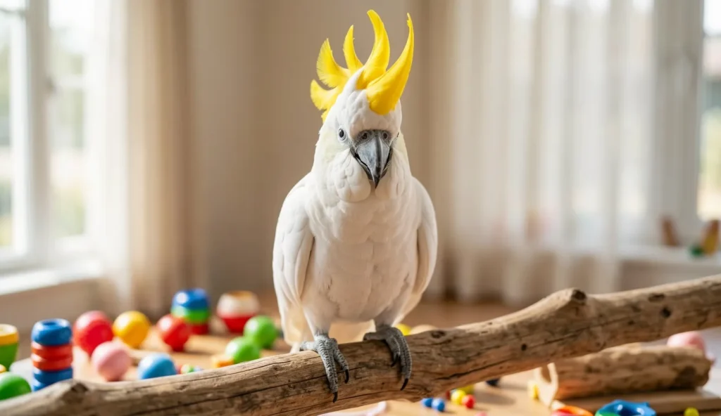 White Sulphur Crested Cockatoo with raised yellow crest perching on a wooden branch near foraging toys