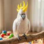 White Sulphur Crested Cockatoo with raised yellow crest perching on a wooden branch near foraging toys