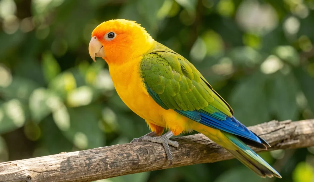 Sun conure perched on a branch showing yellow-orange plumage and green wings