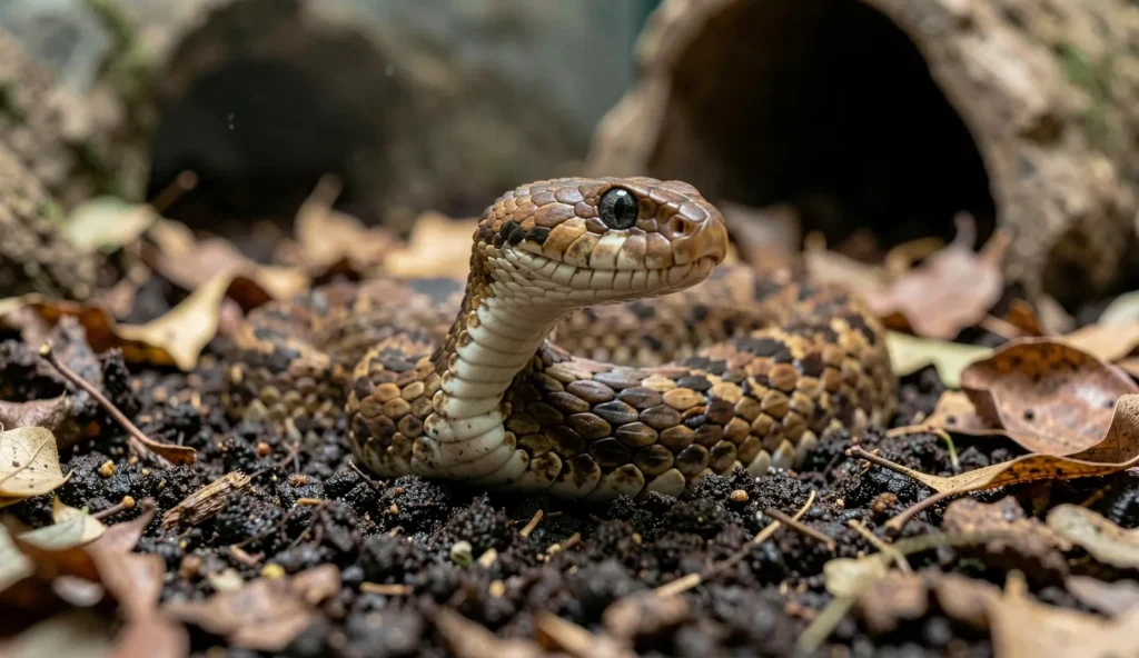Sunbeam snake partially emerging from deep moist substrate inside a terrarium with leaf litter and a hide in the background.