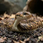 Sunbeam Snake Care Guide With Iridescent Scales, Diet, Housing, And Health Tips Sunbeam snake partially emerging from deep moist substrate inside a terrarium with leaf litter and a hide in the background.