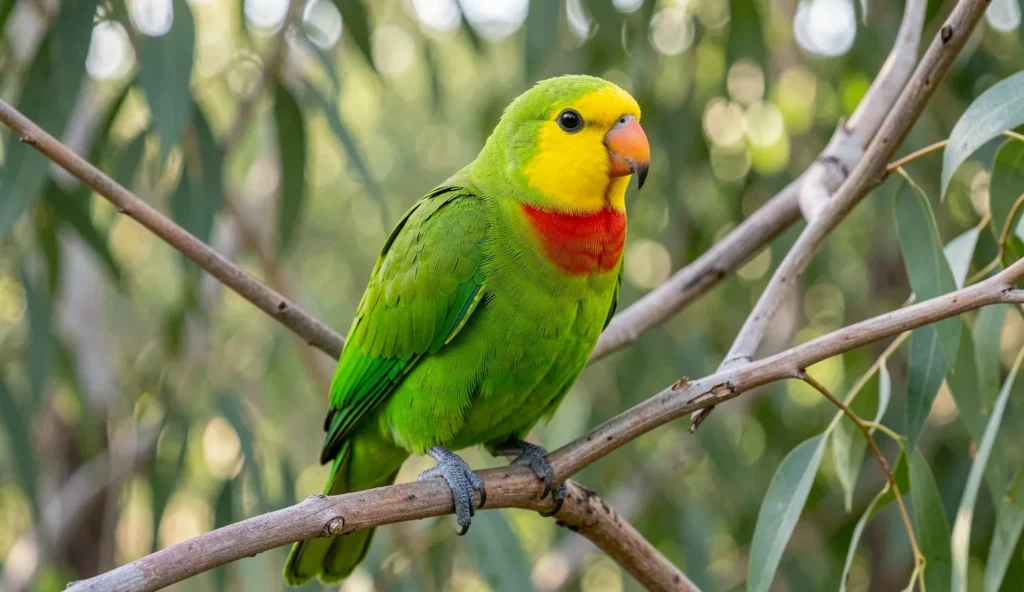 Male Superb Parrot perched on a eucalyptus branch in a sunlit woodland, showing green body, yellow face, and red chest band.