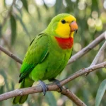 Male Superb Parrot perched on a eucalyptus branch in a sunlit woodland, showing green body, yellow face, and red chest band.
