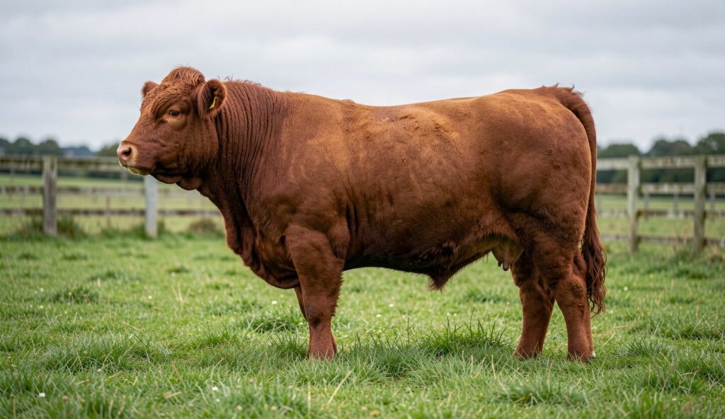 A red Sussex bull grazing in a green pasture with a wooden fence in the background.