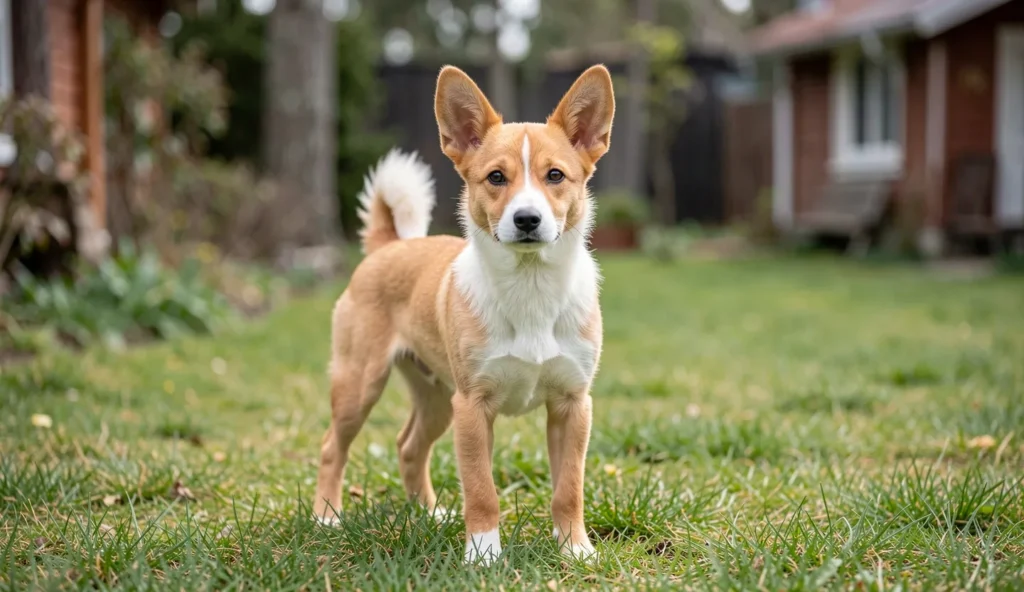 Swedish Vallhund standing outdoors on grass with perked ears and an alert expression in natural daylight.
