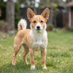 Swedish Vallhund standing outdoors on grass with perked ears and an alert expression in natural daylight.