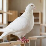 Swiss Mondain pigeon perching in a loft with sunlight streaming in