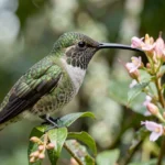 Sword-billed Hummingbird perched on a flower in the Andes revealing its exceptionally long bill
