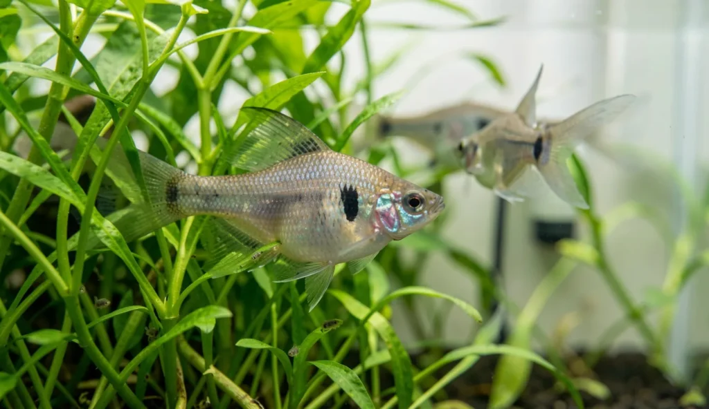 A female swordtail fish near live plants in an aquarium with fry hidden among the stems