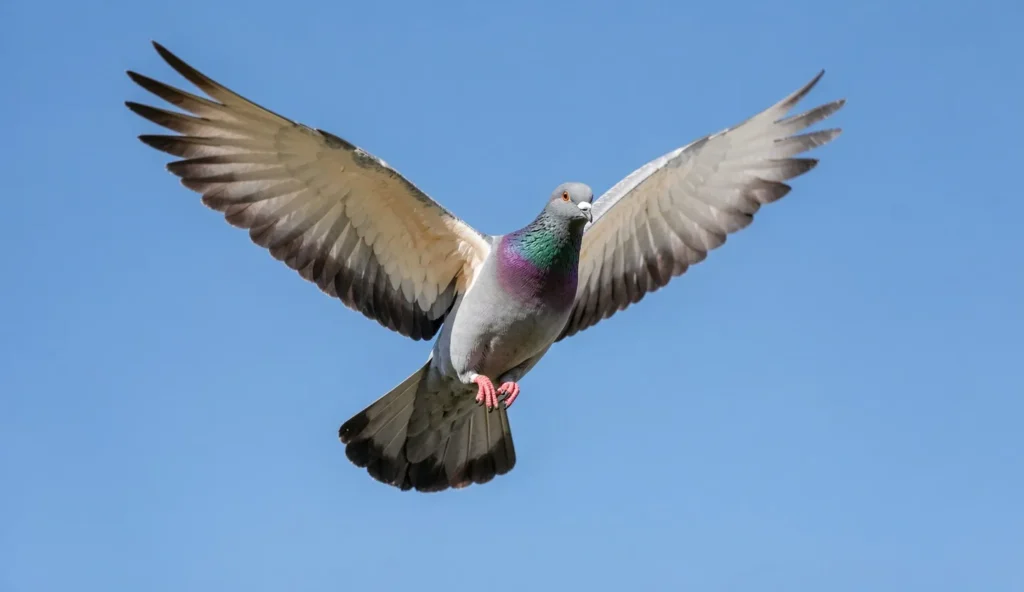 A Syrian pigeon flying with wings spread against a blue sky.