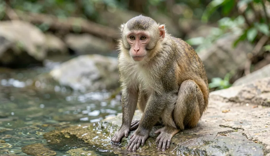Talapoin Monkey perched beside a stream in a natural enclosure.