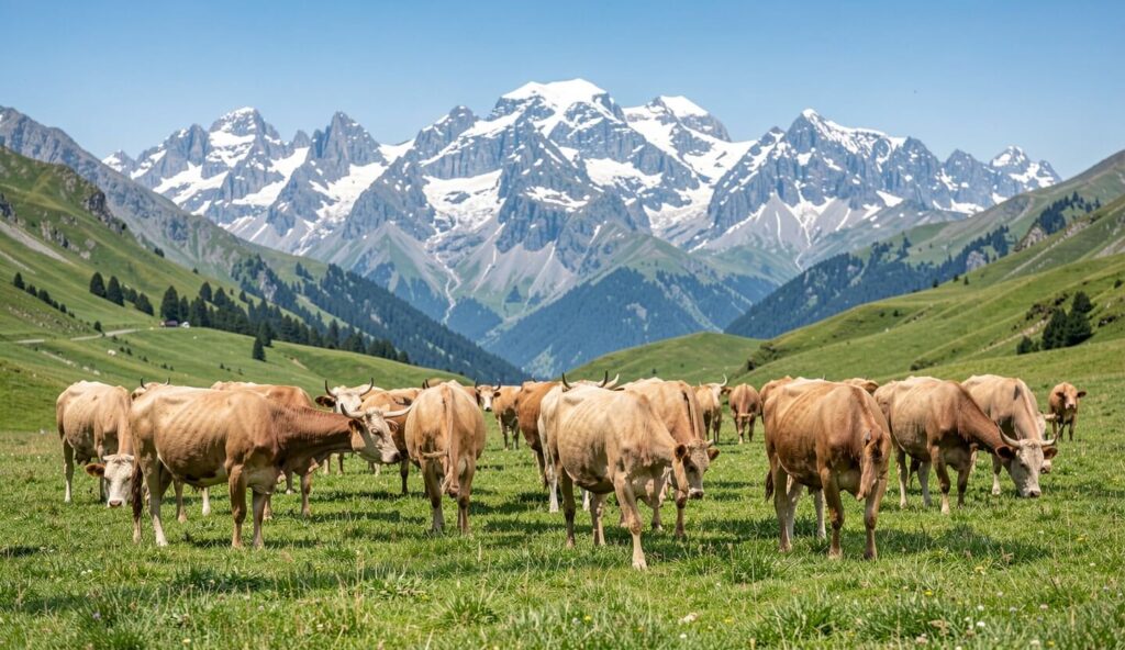 Tarentaise cattle grazing on an alpine pasture with snowy mountain peaks in the background