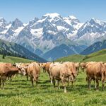 Tarentaise cattle grazing on an alpine pasture with snowy mountain peaks in the background