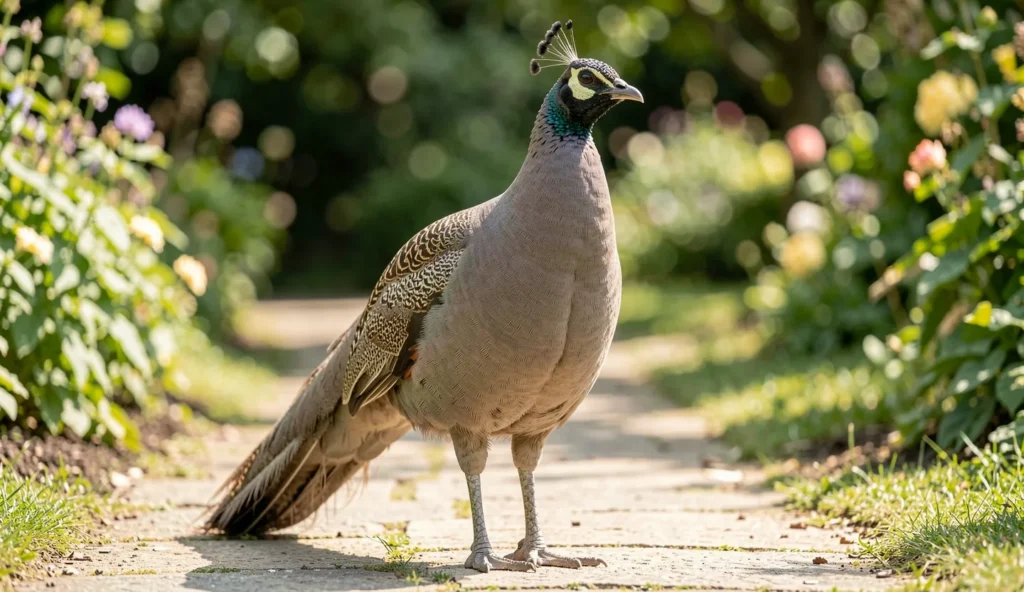 Taupe Peafowl standing on a garden path showing earthy brown gray plumage
