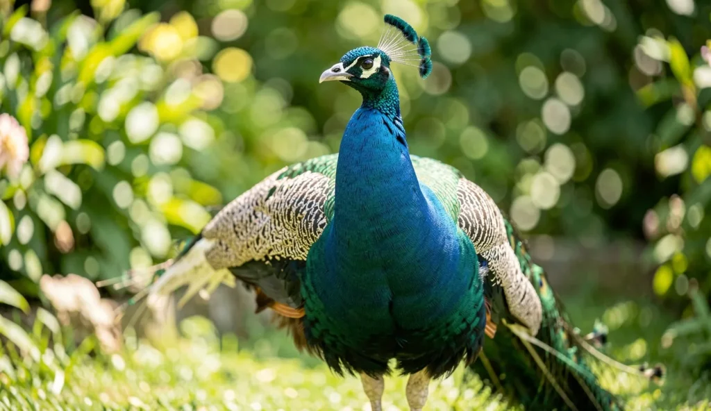 Close up of a Teal Peafowl male displaying teal blue green plumage in a garden