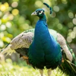 Teal Peafowl – Deep Blue Green Shade & Complete Breed Guide Close up of a Teal Peafowl male displaying teal blue green plumage in a garden