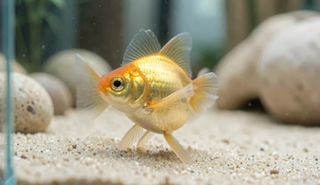 A telescope goldfish swimming near the aquarium glass with protruding eyes, smooth substrate, and rounded tank decor in view.