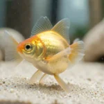 A telescope goldfish swimming near the aquarium glass with protruding eyes, smooth substrate, and rounded tank decor in view.