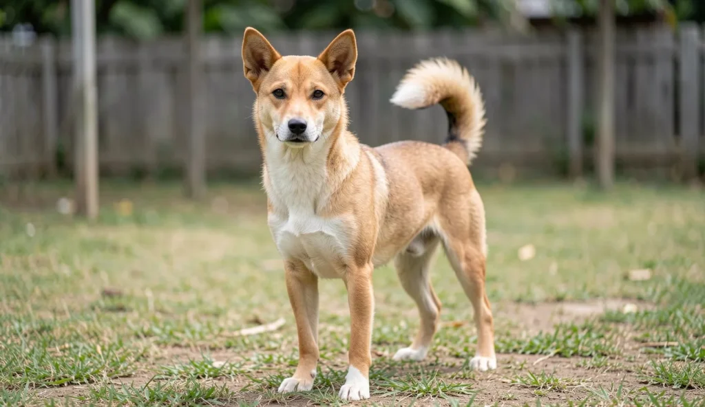 Thai Bangkaew dog with an alert posture in a yard, showing a dense double coat and upright ears in natural daylight