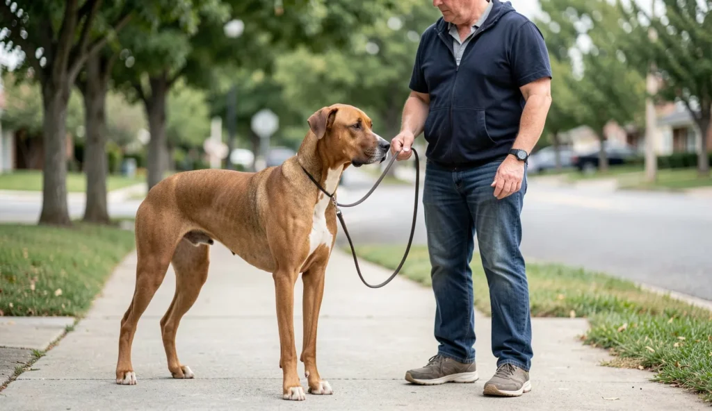 Thai Ridgeback dog standing calmly next to a handler on a leash during a training session on a quiet sidewalk.