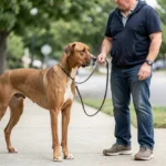 Thai Ridgeback – Temperament, Training & Complete Owners Guide Thai Ridgeback dog standing calmly next to a handler on a leash during a training session on a quiet sidewalk.