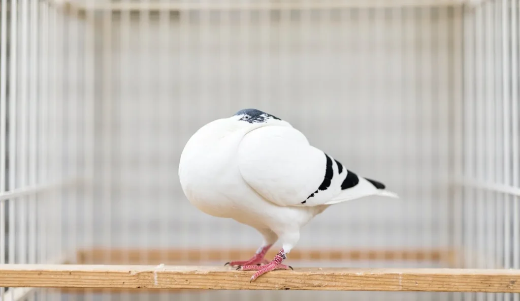 Thuringer Pouter pigeon with inflated crop standing on a wooden perch.