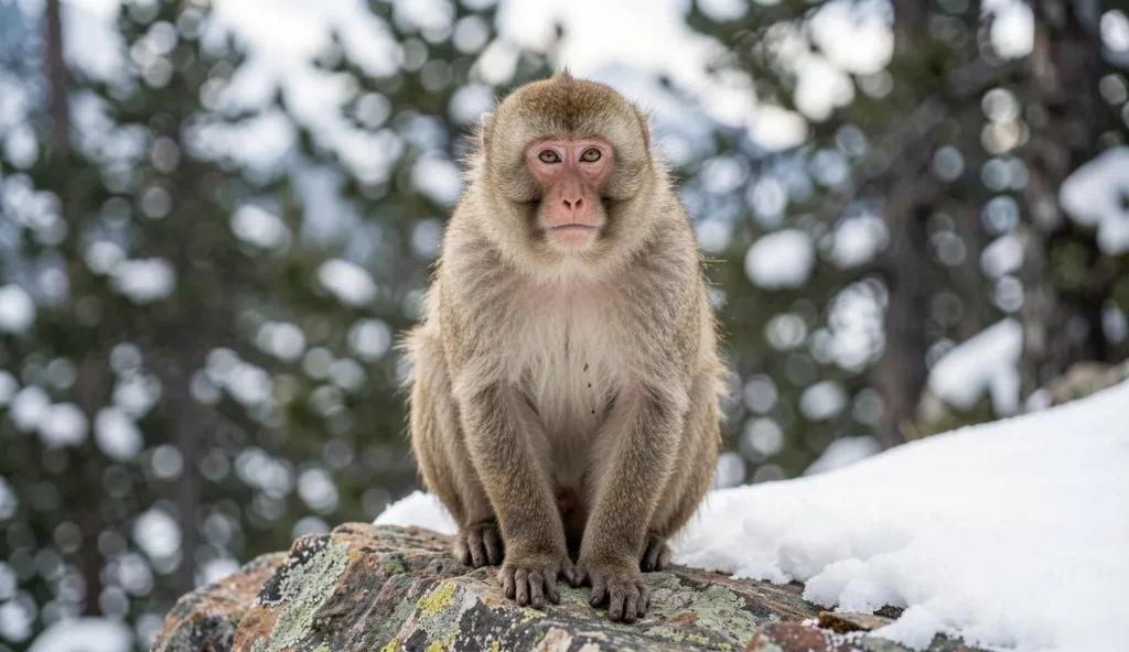 Close up portrait of a Tibetan macaque in a snowy alpine forest