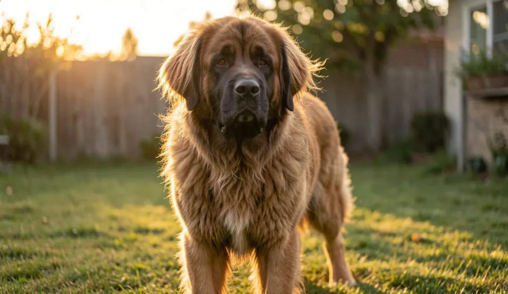 A Tibetan Mastiff standing outdoors in a secure yard with a thick mane-like coat and a calm watchful expression.