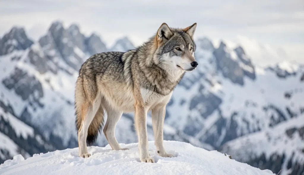 A wolf standing on a snowy mountain ridge with an alert posture in cold winter light.