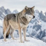 A wolf standing on a snowy mountain ridge with an alert posture in cold winter light.