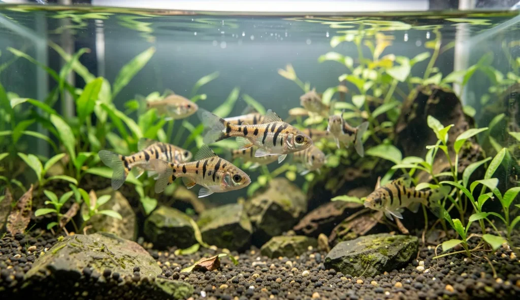 Tiger barb school swimming in a planted aquarium with rocks and plants creating swim lanes.