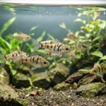 Tiger Barb – Fin Nipping Solutions, Stress Triggers, Tank Setup & Care Guide Tiger barb school swimming in a planted aquarium with rocks and plants creating swim lanes.