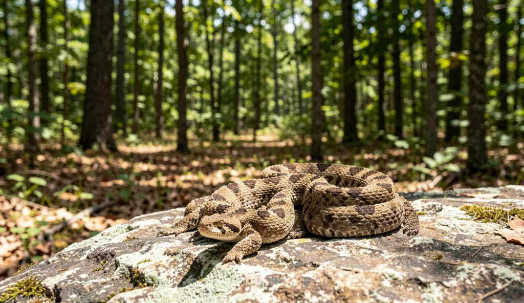 A timber rattlesnake coiled on a sunlit rock ledge in a forest with its head raised in natural daylight.