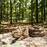 Timber Rattlesnake – Behavior, Habitat, Safety & Complete Field Guide A timber rattlesnake coiled on a sunlit rock ledge in a forest with its head raised in natural daylight.