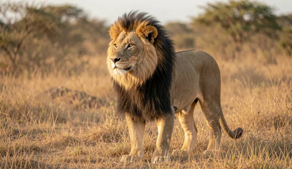 A mature male lion with a dark black shaded mane standing on dry grass in a South African savannah setting.