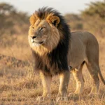 Transvaal Lion – Black Mane, Size, Temperament & Complete Breeding Guide A mature male lion with a dark black shaded mane standing on dry grass in a South African savannah setting.