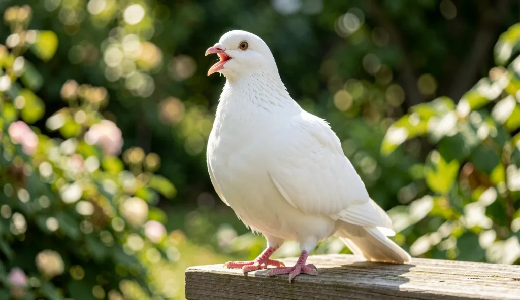 A white Trumpeter pigeon cooing with its beak open on a wooden perch in a garden.