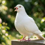Trumpeter Pigeon – Vocal Abilities, Personality & Complete Breed Guide A white Trumpeter pigeon cooing with its beak open on a wooden perch in a garden.
