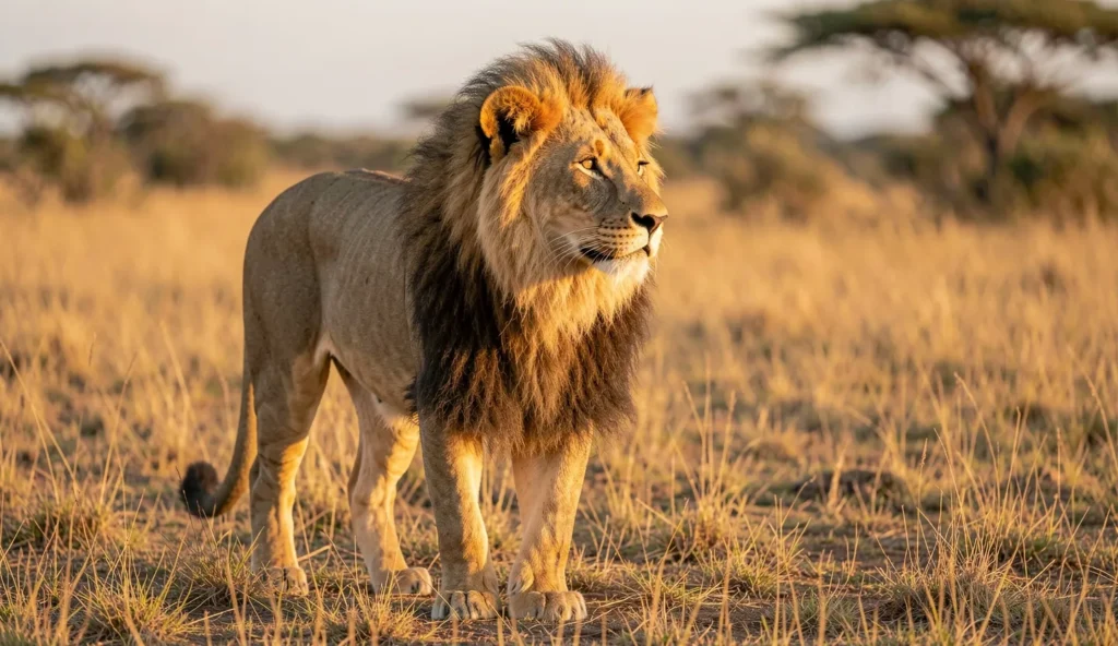 A male lion with a reduced mane standing on dry savanna grass at sunrise in a Kenyan wildlife landscape.