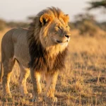 Tsavo Maneless Lion – Unique Phenotype, Behavior, Habitat & Care Considerations A male lion with a reduced mane standing on dry savanna grass at sunrise in a Kenyan wildlife landscape.