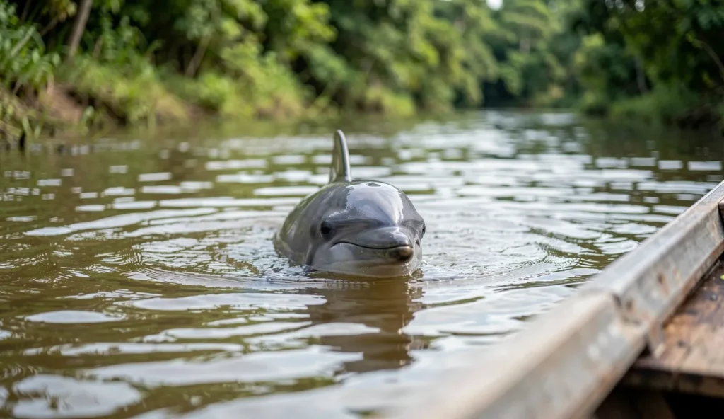 A gray river dolphin, the Tucuxi dolphin, surfaces in the Amazon River with its dorsal fin above calm water and rainforest vegetation along the bank.