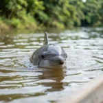 A gray river dolphin, the Tucuxi dolphin, surfaces in the Amazon River with its dorsal fin above calm water and rainforest vegetation along the bank.