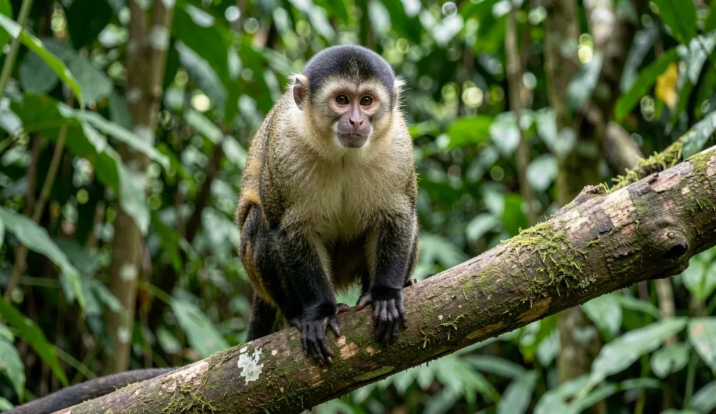 Tufted Capuchin perched on a branch in a tropical enclosure