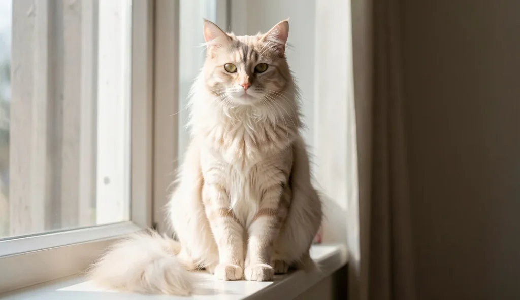 Turkish Angora cat with long silky fur sitting on a window ledge in soft natural light.