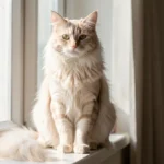 Turkish Angora – Silky Coat, Playful Temperament & Complete Breed Guide Turkish Angora cat with long silky fur sitting on a window ledge in soft natural light.