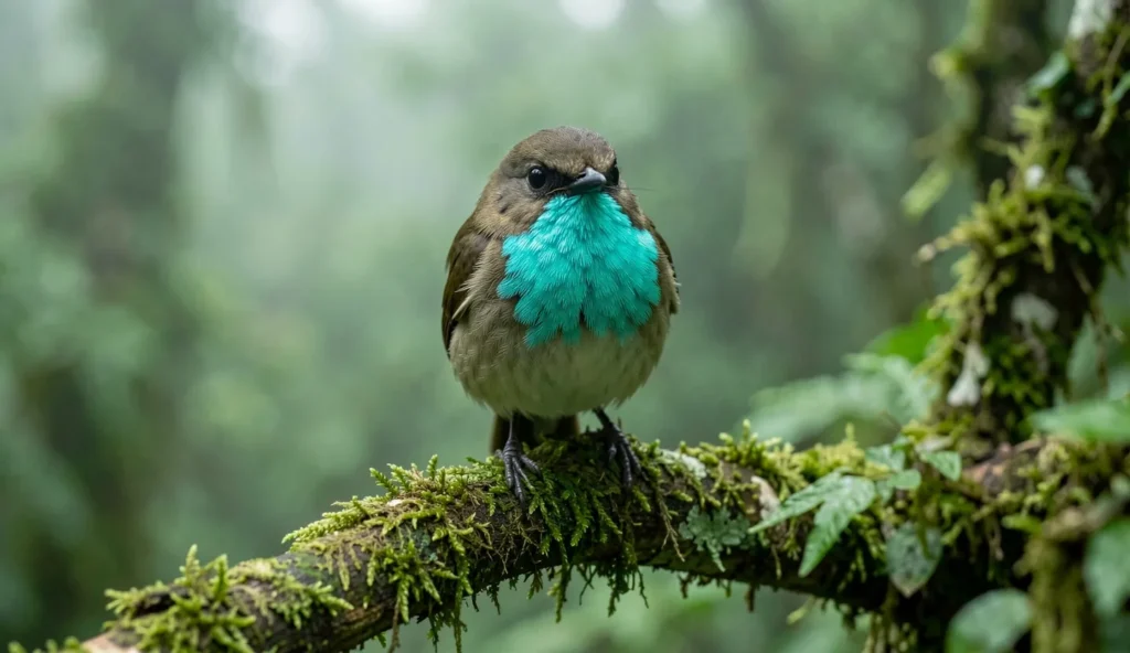 Turquoise-throated Puffleg perched in a cloud forest with turquoise throat feathers visible.