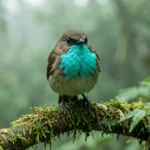 Turquoise-Throated Puffleg – An Extremely Rare Ecuadorian Gem And Complete Hummingbird Breed Guide Turquoise-throated Puffleg perched in a cloud forest with turquoise throat feathers visible.