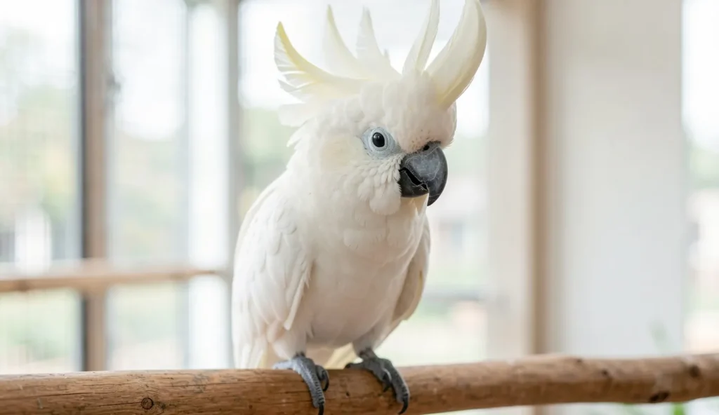 White umbrella cockatoo with raised crest on a wooden perch
