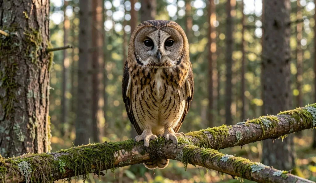 Close-up portrait of a Ural Owl perched in a northern forest
