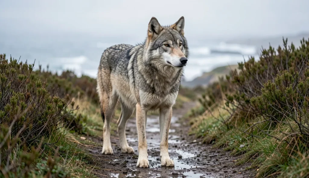 Gray wolf standing on a coastal trail on Vancouver Island with foggy shoreline in the distance.